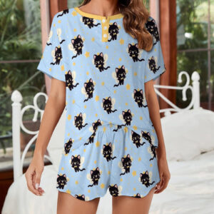 A graphic showing the Blue Fairy Cats Short Sleeve Pajama Set available on Kawaiimagpie.com